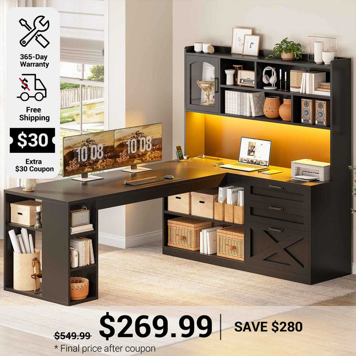 SEDETA 61 Inch Farmhouse Gaming Desk L Shaped Office Computer Desk with Display Cabinet Drawers Storage Shelves LED Light Power Outlet