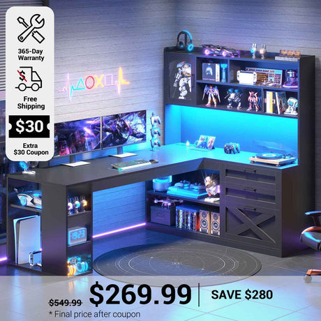 SEDETA 61 Inch Farmhouse Gaming Desk L Shaped Office Computer Desk with Display Cabinet Drawers Storage Shelves LED Light Power Outlet