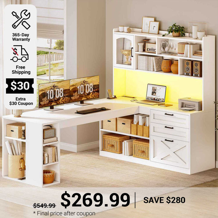 SEDETA 61 Inch Farmhouse Gaming Desk L Shaped Office Computer Desk with Display Cabinet Drawers Storage Shelves LED Light Power Outlet