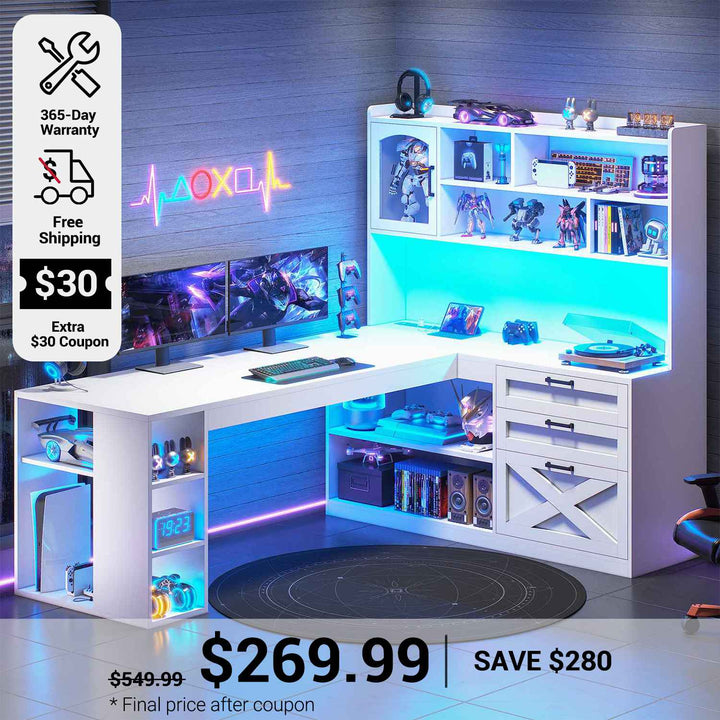 SEDETA 61 Inch Farmhouse Gaming Desk L Shaped Office Computer Desk with Display Cabinet Drawers Storage Shelves LED Light Power Outlet