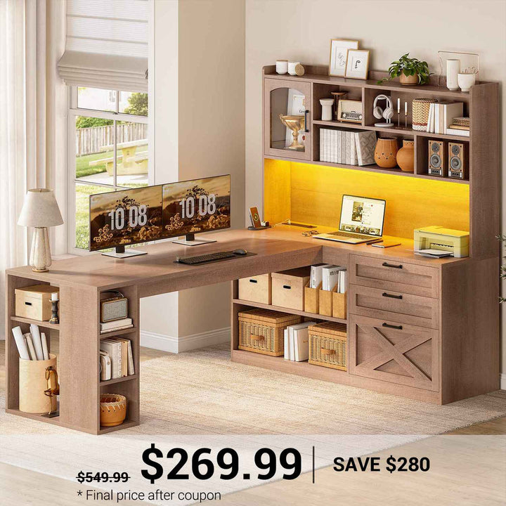 SEDETA 61 Inch Farmhouse Gaming Desk L Shaped Office Computer Desk with Display Cabinet Drawers Storage Shelves LED Light Power Outlet