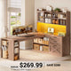 SEDETA 61 Inch Farmhouse Gaming Desk L Shaped Office Computer Desk with Display Cabinet Drawers Storage Shelves LED Light Power Outlet