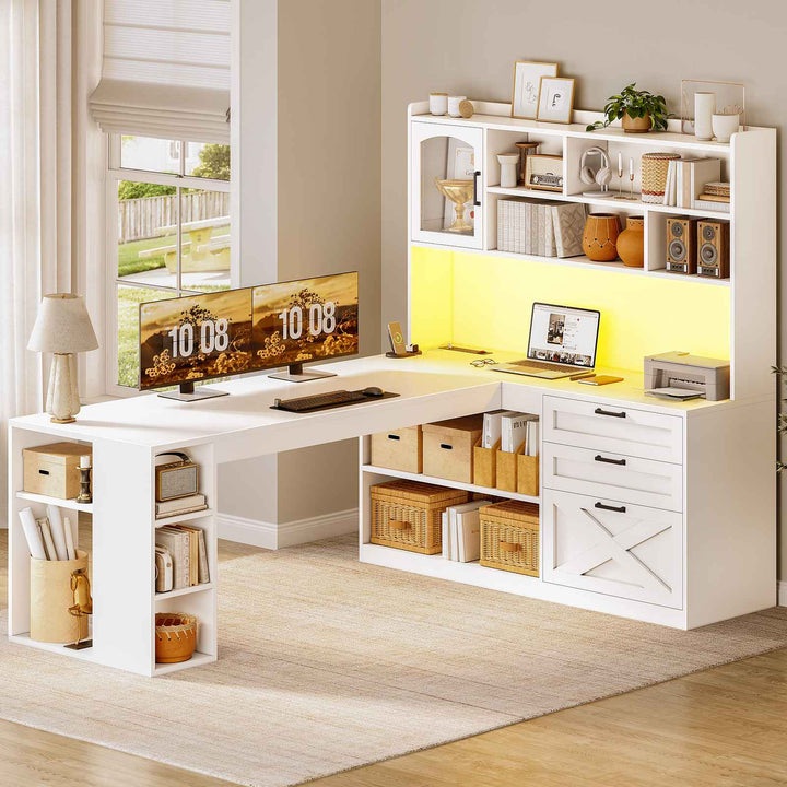 SEDETA 61 Inch Farmhouse Gaming Desk L Shaped Office Computer Desk with Display Cabinet Drawers Storage Shelves LED Light Power Outlet