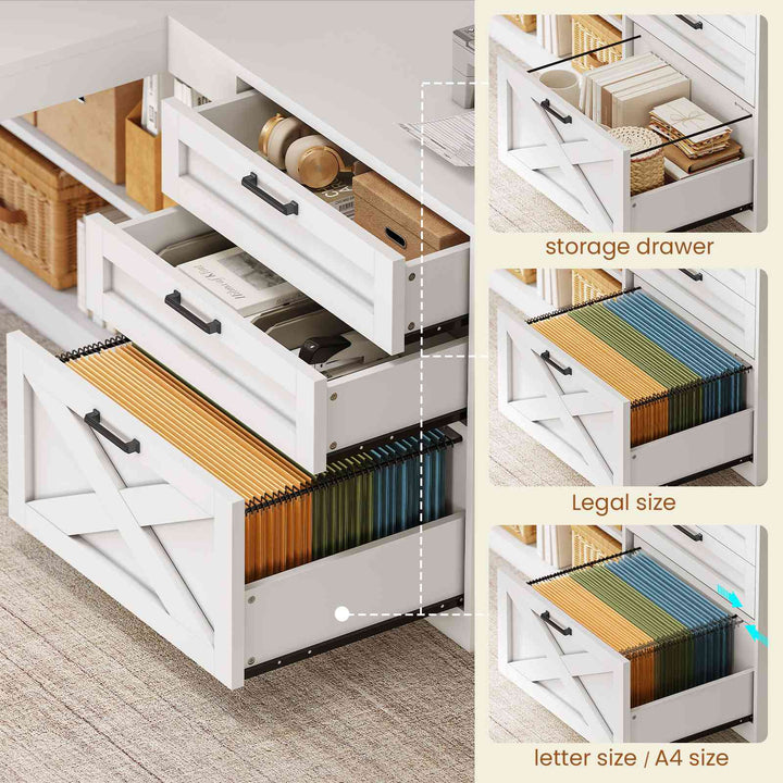 SEDETA 61 Inch Farmhouse Gaming Desk L Shaped Office Computer Desk with Display Cabinet Drawers Storage Shelves LED Light Power Outlet