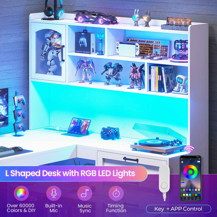 SEDETA 61 Inch Farmhouse Gaming Desk L Shaped Office Computer Desk with Display Cabinet Drawers Storage Shelves LED Light Power Outlet