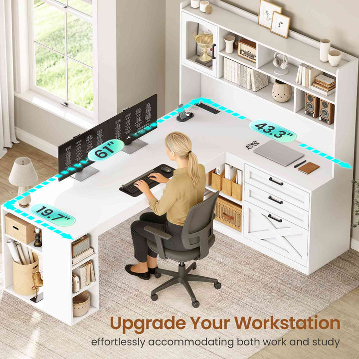 SEDETA 61 Inch Farmhouse Gaming Desk L Shaped Office Computer Desk with Display Cabinet Drawers Storage Shelves LED Light Power Outlet