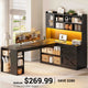 SEDETA 61 Inch Farmhouse Gaming Desk L Shaped Office Computer Desk with Display Cabinet Drawers Storage Shelves LED Light Power Outlet