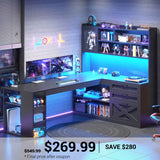 SEDETA 61 Inch Farmhouse Gaming Desk L Shaped Office Computer Desk with Display Cabinet Drawers Storage Shelves LED Light Power Outlet