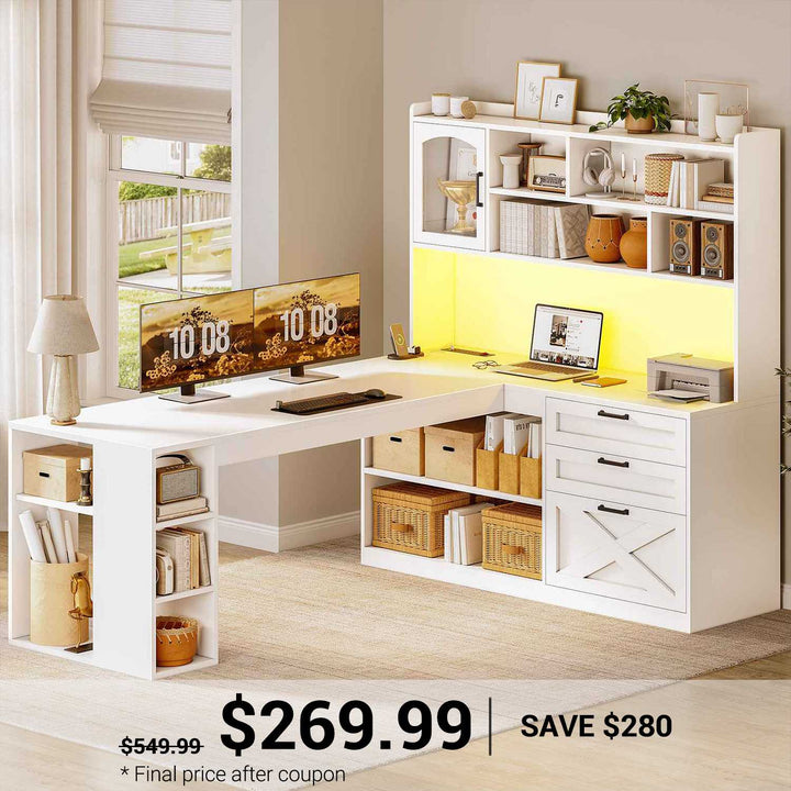 SEDETA 61 Inch Farmhouse Gaming Desk L Shaped Office Computer Desk with Display Cabinet Drawers Storage Shelves LED Light Power Outlet