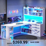 SEDETA 61 Inch Farmhouse Gaming Desk L Shaped Office Computer Desk with Display Cabinet Drawers Storage Shelves LED Light Power Outlet
