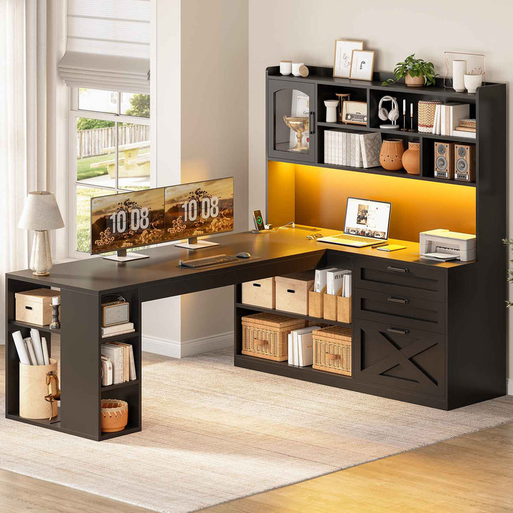 SEDETA 61 Inch Farmhouse Gaming Desk L Shaped Office Computer Desk with Display Cabinet Drawers Storage Shelves LED Light Power Outlet