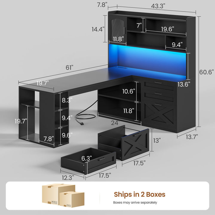 SEDETA 61 Inch Farmhouse Gaming Desk L Shaped Office Computer Desk with Display Cabinet Drawers Storage Shelves LED Light Power Outlet
