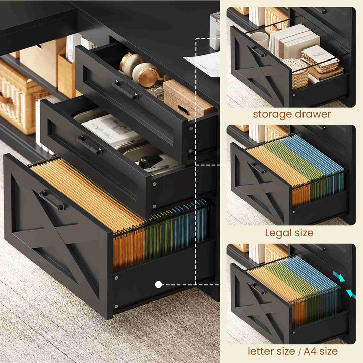 SEDETA 61 Inch Farmhouse Gaming Desk L Shaped Office Computer Desk with Display Cabinet Drawers Storage Shelves LED Light Power Outlet