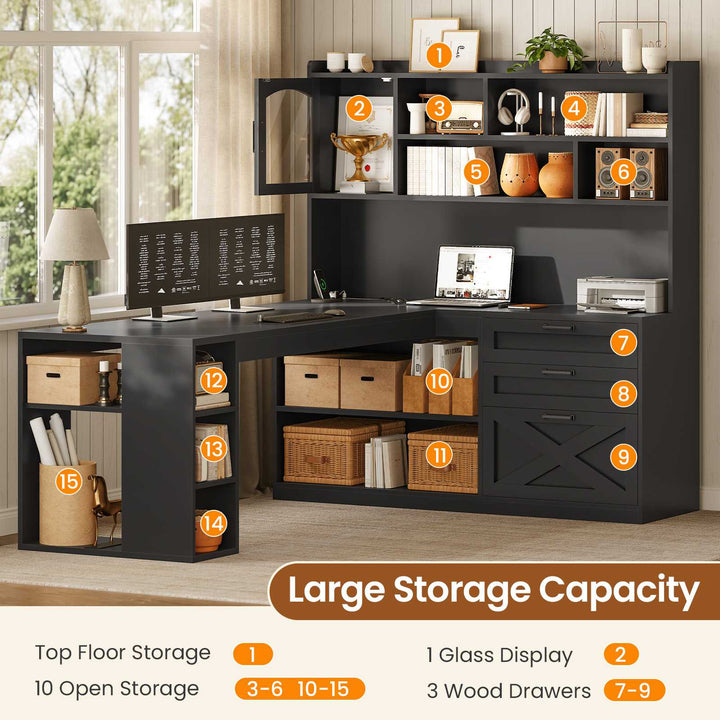 SEDETA 61 Inch Farmhouse Gaming Desk L Shaped Office Computer Desk with Display Cabinet Drawers Storage Shelves LED Light Power Outlet