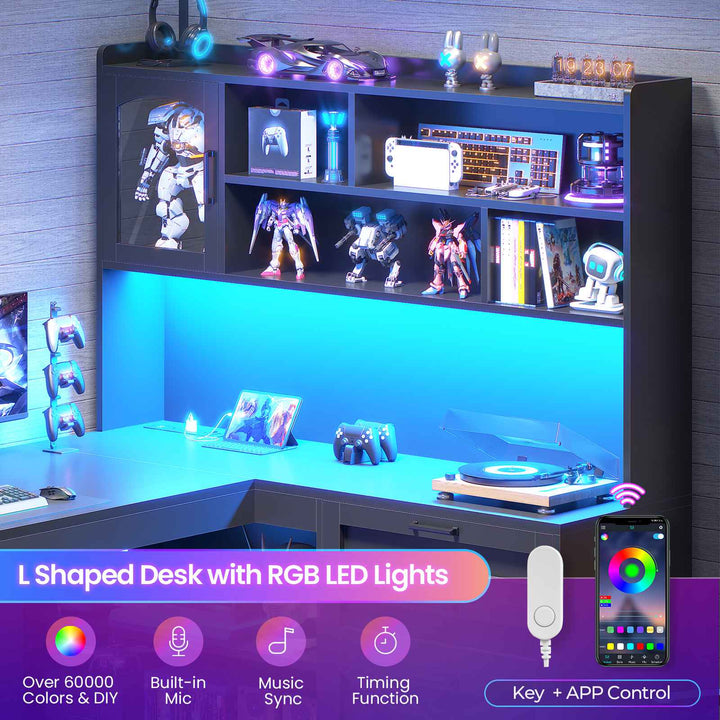 SEDETA 61 Inch Farmhouse Gaming Desk L Shaped Office Computer Desk with Display Cabinet Drawers Storage Shelves LED Light Power Outlet