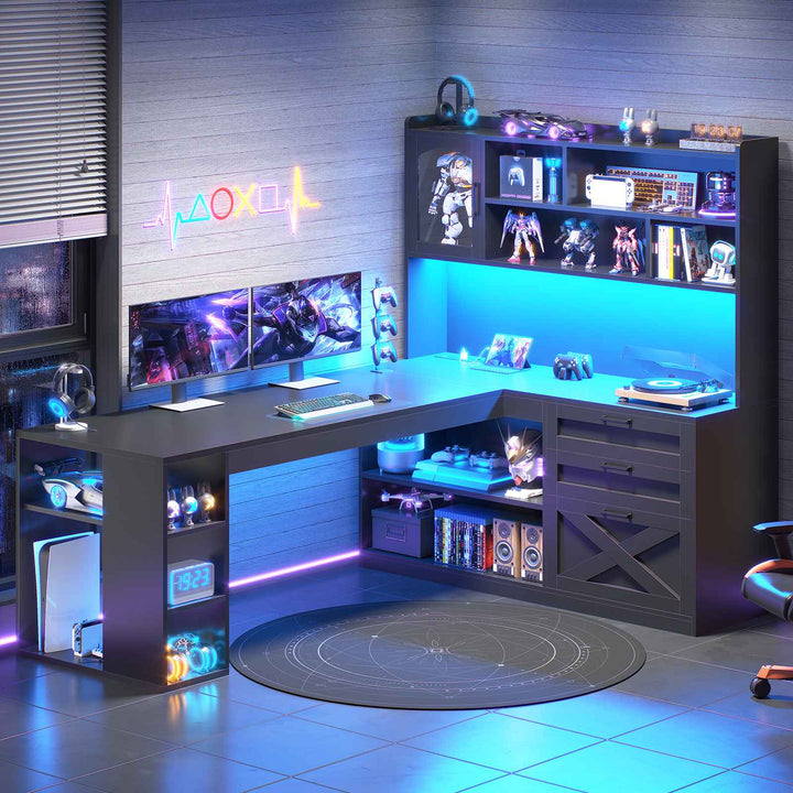SEDETA 61 Inch Farmhouse Gaming Desk L Shaped Office Computer Desk with Display Cabinet Drawers Storage Shelves LED Light Power Outlet