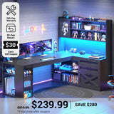 SEDETA® 61 Inch Farmhouse Computer Desk L Shaped Office Desk Corner Gaming Desk with LED Light Power Outlet Storage Shelves Drawers Display Cabinet