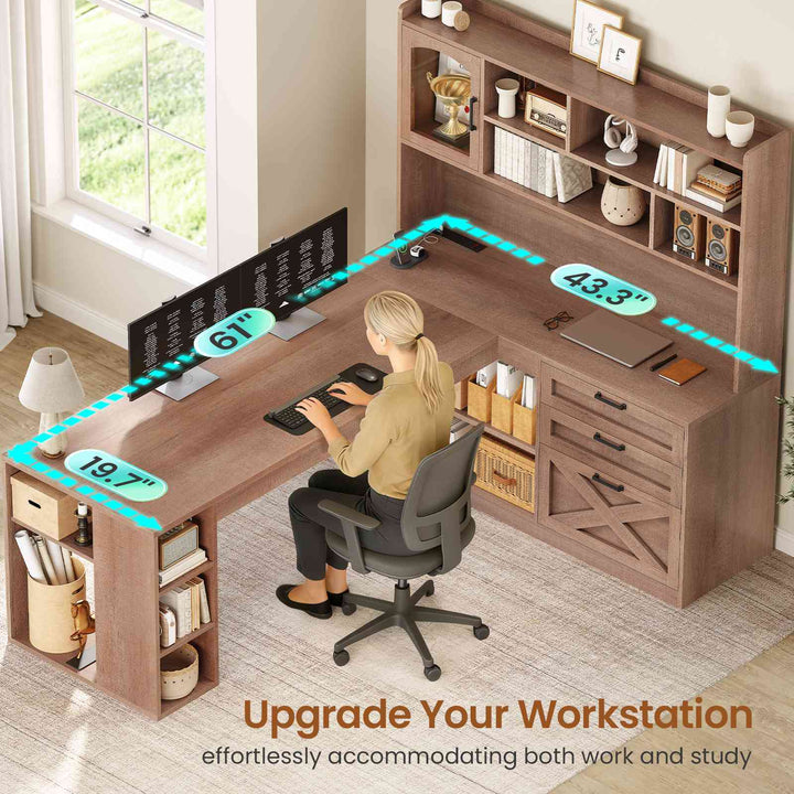 SEDETA 61 Inch Farmhouse Gaming Desk L Shaped Office Computer Desk with Display Cabinet Drawers Storage Shelves LED Light Power Outlet