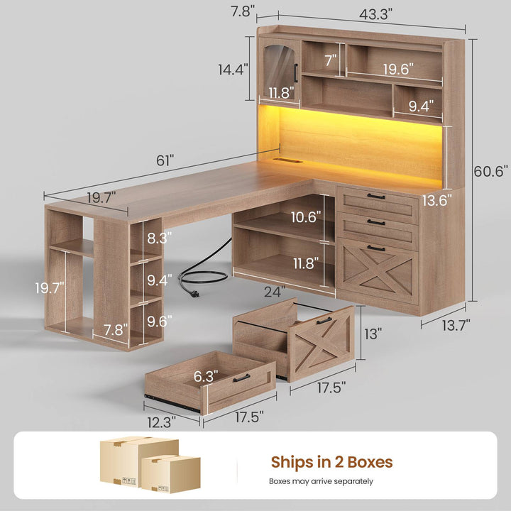 SEDETA 61 Inch Farmhouse Gaming Desk L Shaped Office Computer Desk with Display Cabinet Drawers Storage Shelves LED Light Power Outlet