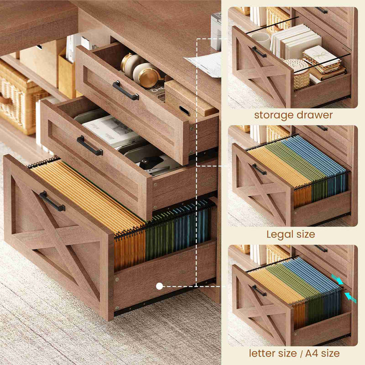 SEDETA 61 Inch Farmhouse Gaming Desk L Shaped Office Computer Desk with Display Cabinet Drawers Storage Shelves LED Light Power Outlet