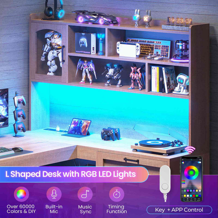 SEDETA 61 Inch Farmhouse Gaming Desk L Shaped Office Computer Desk with Display Cabinet Drawers Storage Shelves LED Light Power Outlet