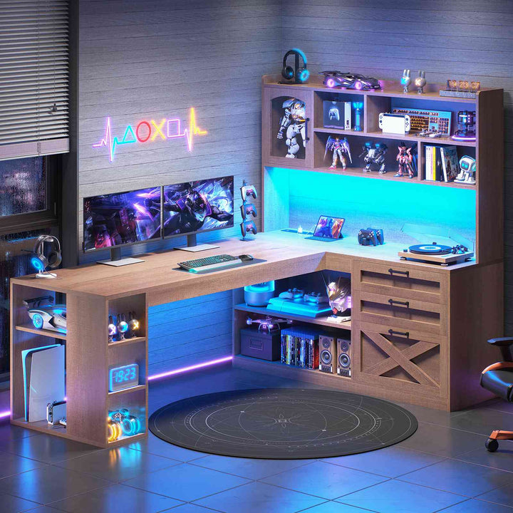 SEDETA 61 Inch Farmhouse Gaming Desk L Shaped Office Computer Desk with Display Cabinet Drawers Storage Shelves LED Light Power Outlet