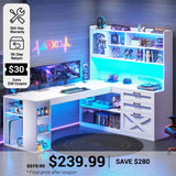 SEDETA® 61 Inch Farmhouse Computer Desk L Shaped Office Desk Corner Gaming Desk with LED Light Power Outlet Storage Shelves Drawers Display Cabinet