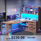 SEDETA | 61 Inch Farmhouse L Shaped Computer Office Desk Gaming Desk with Power Outlet LED Light Drawers Storage Shelves and Display Cabinet