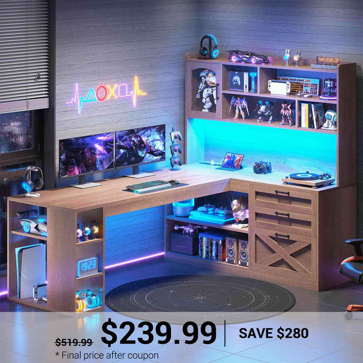 SEDETA® 61 Inch Farmhouse Computer Desk L Shaped Office Desk Corner Gaming Desk with LED Light Power Outlet Storage Shelves Drawers Display Cabinet