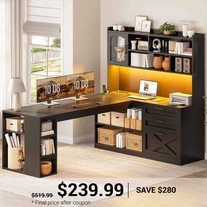 SEDETA® 61 Inch Farmhouse Computer Desk L Shaped Office Desk Corner Gaming Desk with LED Light Power Outlet Storage Shelves Drawers Display Cabinet