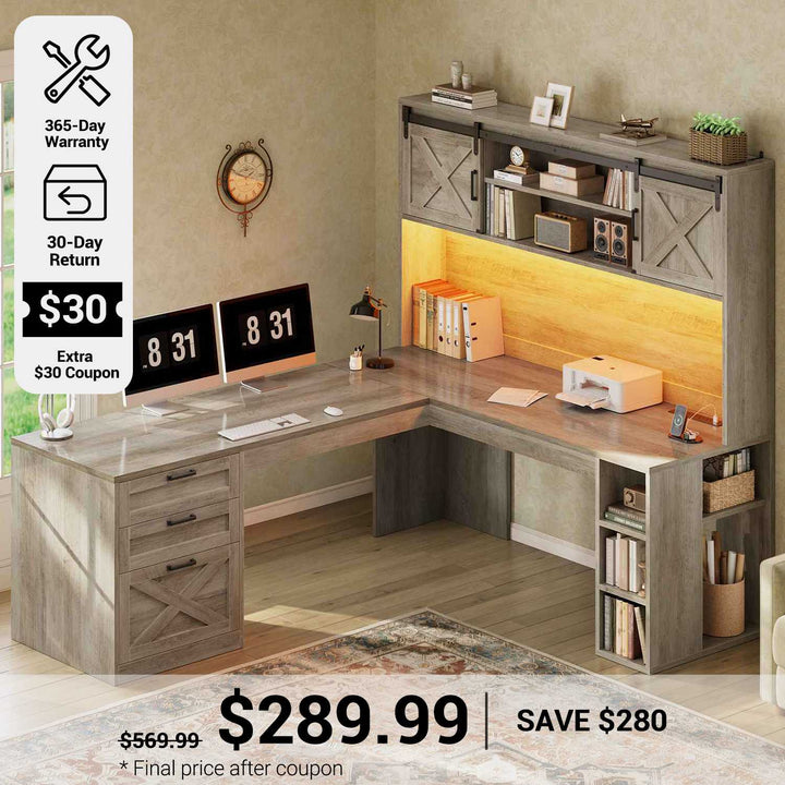 SEDETA® 67 Inch Farmhouse Executive Desk L Shaped Computer Desk Home Office Desks with Drawers Sliding Doors Storage Shelves Hutch LED Lights