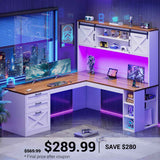 SEDETA | 67 Inch Farmhouse Computer Desk L Shaped Home Office Executive Desks with LED Lights Drawers Sliding Doors Hutch Storage Shelves
