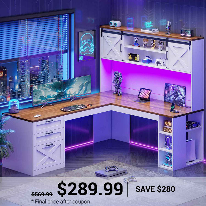 SEDETA® 67 Inch Farmhouse Executive Desk L Shaped Computer Desk Home Office Desks with Drawers Sliding Doors Storage Shelves Hutch LED Lights