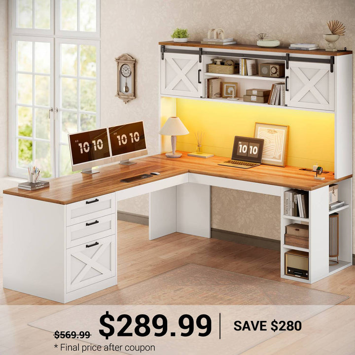 SEDETA® 67 Inch Farmhouse Executive Desk L Shaped Computer Desk Home Office Desks with Drawers Sliding Doors Storage Shelves Hutch LED Lights