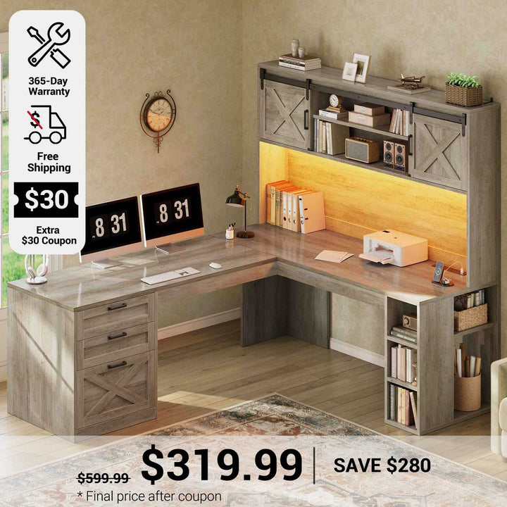 SEDETA 67 Inch Farmhouse L Shaped Computer Executive Desks Home Office with Sliding Doors Storage Shelves Hutch Drawers Power Outlets LED Lights