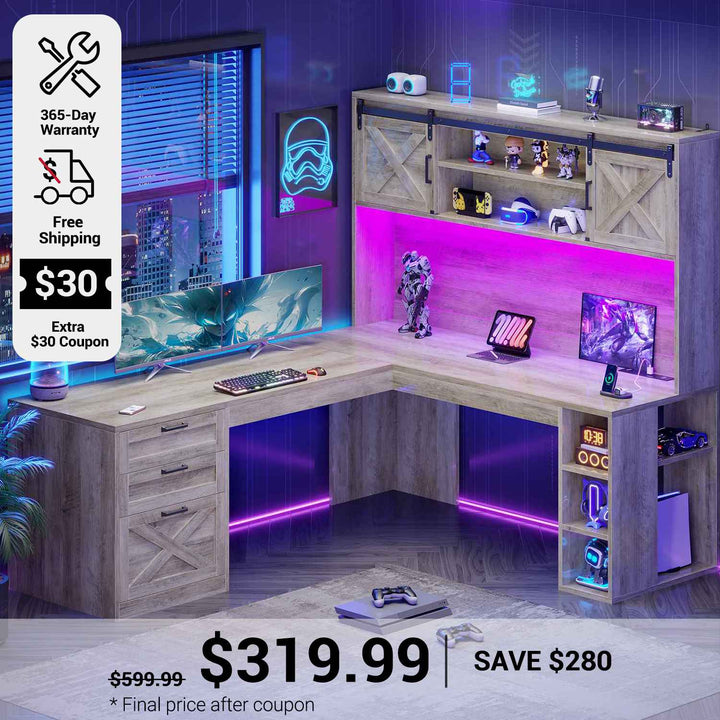SEDETA 67 Inch Farmhouse L Shaped Computer Executive Desks Home Office with Sliding Doors Storage Shelves Hutch Drawers Power Outlets LED Lights