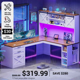 SEDETA 67 Inch Farmhouse L Shaped Computer Executive Desks Home Office with Sliding Doors Storage Shelves Hutch Drawers Power Outlets LED Lights