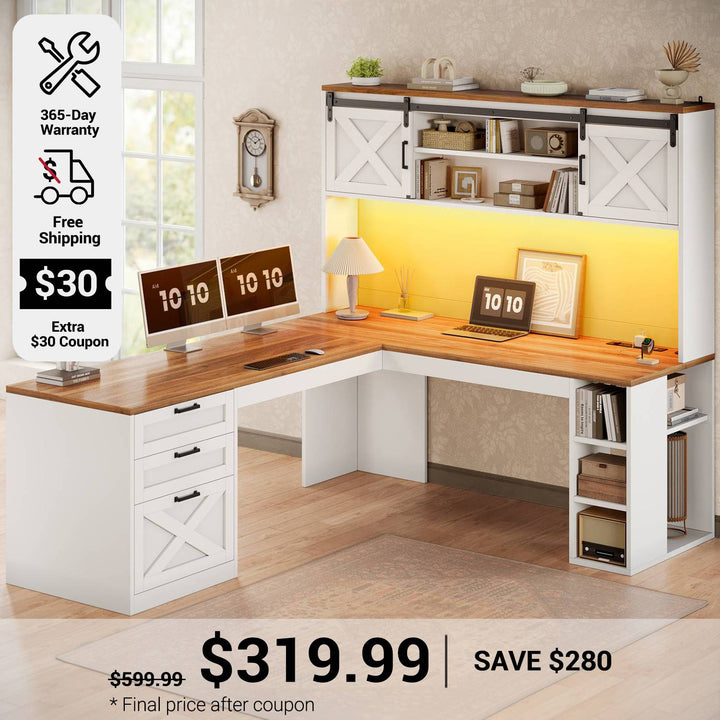 SEDETA 67 Inch Farmhouse L Shaped Computer Executive Desks Home Office with Sliding Doors Storage Shelves Hutch Drawers Power Outlets LED Lights