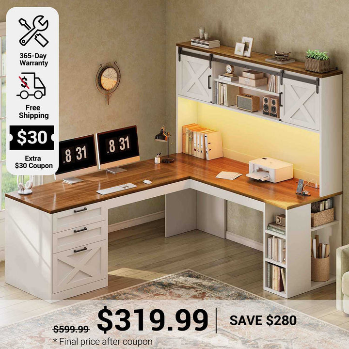 SEDETA 67 Inch Farmhouse L Shaped Computer Executive Desks Home Office with Sliding Doors Storage Shelves Hutch Drawers Power Outlets LED Lights