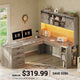 SEDETA 67 Inch Farmhouse L Shaped Computer Executive Desks Home Office with Sliding Doors Storage Shelves Hutch Drawers Power Outlets LED Lights