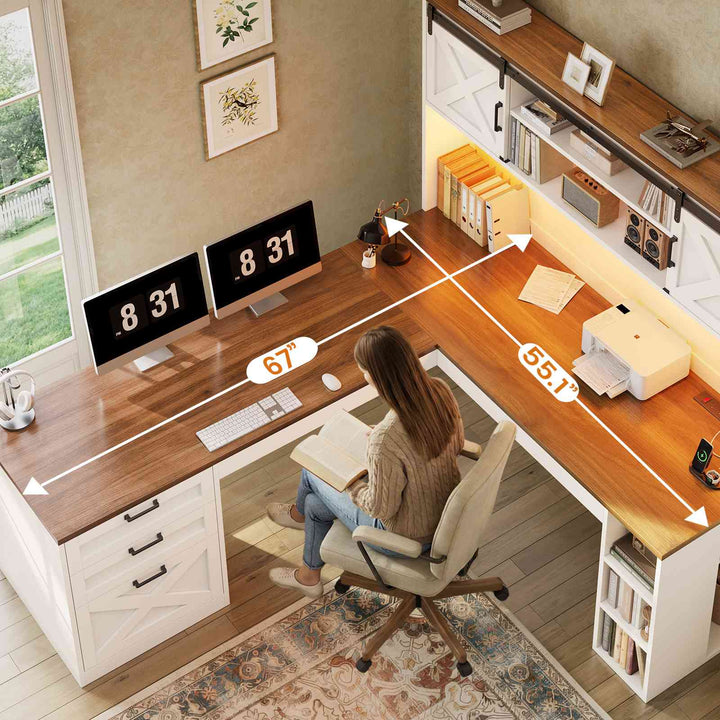 SEDETA® 67 Inch Farmhouse Executive Desk L Shaped Computer Desk Home Office Desks with Drawers Sliding Doors Storage Shelves Hutch LED Lights