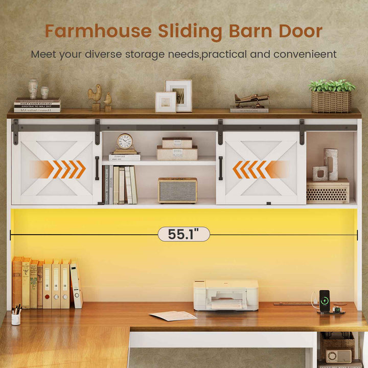 SEDETA® 67 Inch Farmhouse Executive Desk L Shaped Computer Desk Home Office Desks with Drawers Sliding Doors Storage Shelves Hutch LED Lights