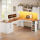 SEDETA® 67 Inch Farmhouse Executive Desk L Shaped Computer Desk Home Office Desks with Drawers Sliding Doors Storage Shelves Hutch LED Lights
