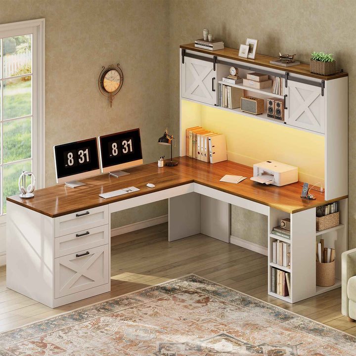 SEDETA® 67 Inch Farmhouse Executive Desk L Shaped Computer Desk Home Office Desks with Drawers Sliding Doors Storage Shelves Hutch LED Lights