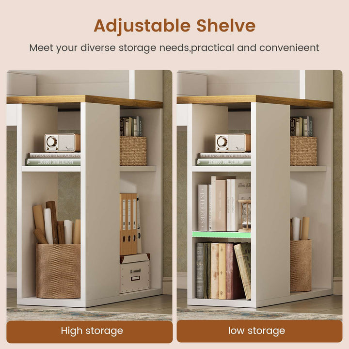 SEDETA® 67 Inch Farmhouse Executive Desk L Shaped Computer Desk Home Office Desks with Drawers Sliding Doors Storage Shelves Hutch LED Lights