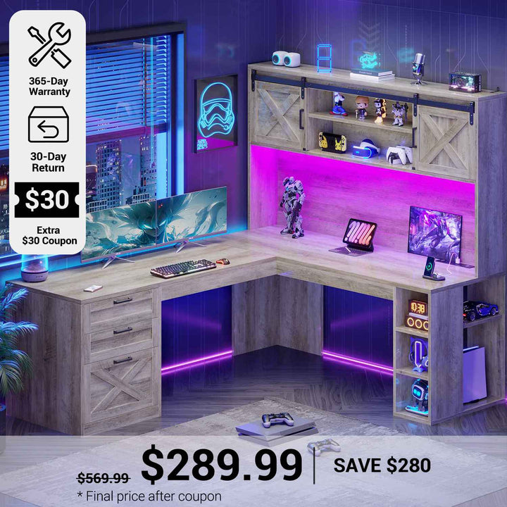 SEDETA® 67 Inch Farmhouse Executive Desk L Shaped Computer Desk Home Office Desks with Drawers Sliding Doors Storage Shelves Hutch LED Lights