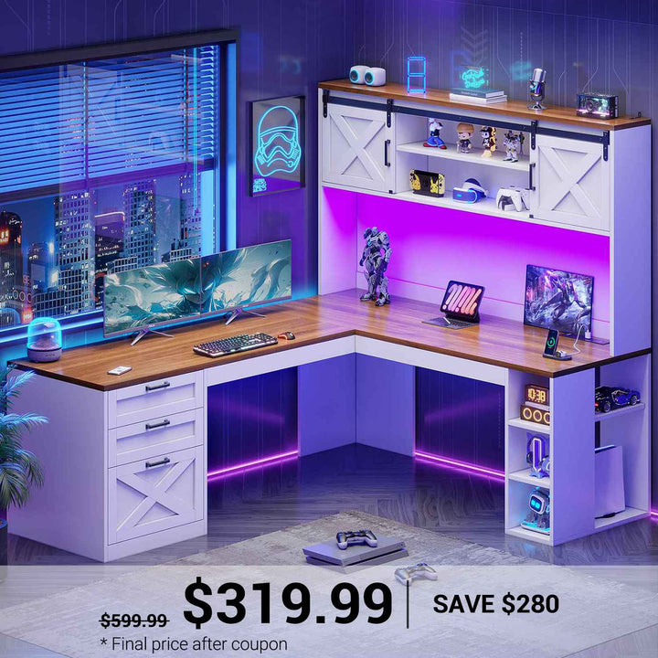 SEDETA 67 Inch Farmhouse L Shaped Computer Executive Desks Home Office with Sliding Doors Storage Shelves Hutch Drawers Power Outlets LED Lights