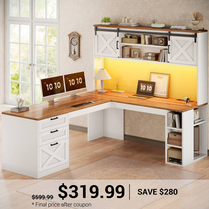 SEDETA 67 Inch Farmhouse L Shaped Computer Executive Desks Home Office with Sliding Doors Storage Shelves Hutch Drawers Power Outlets LED Lights