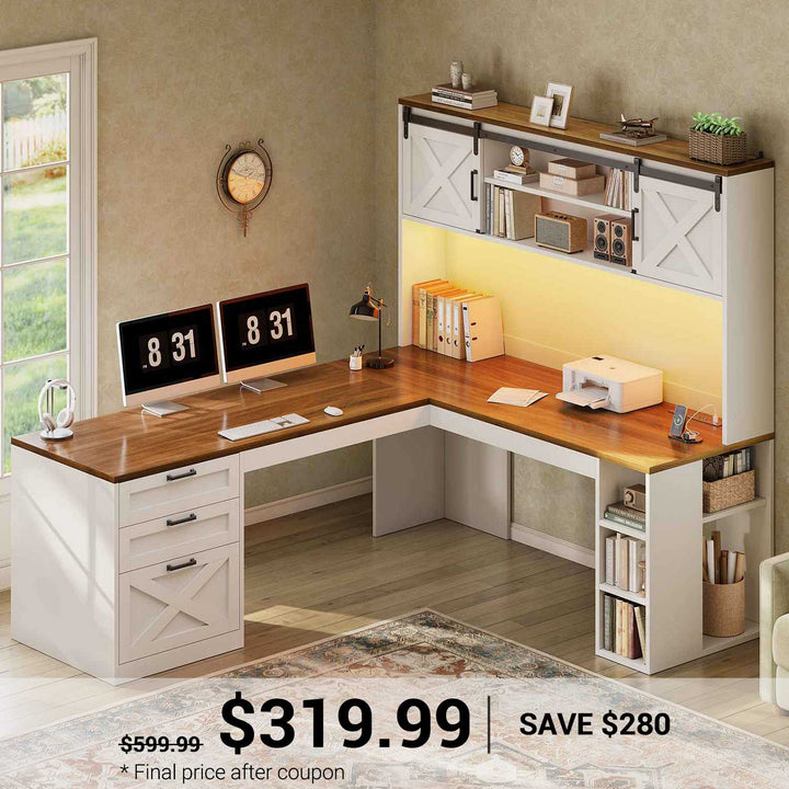 SEDETA 67 Inch Farmhouse L Shaped Computer Executive Desks Home Office with Sliding Doors Storage Shelves Hutch Drawers Power Outlets LED Lights