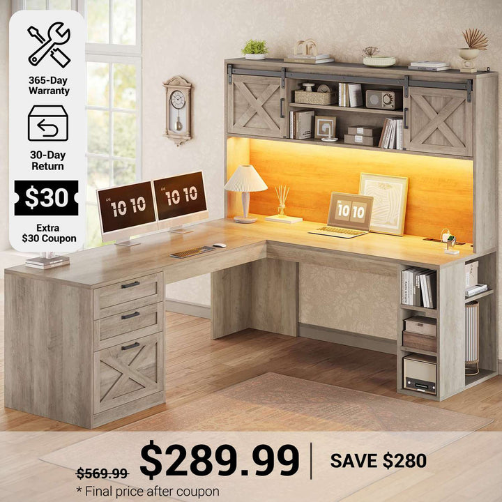 SEDETA® 67 Inch Farmhouse Executive Desk L Shaped Computer Desk Home Office Desks with Drawers Sliding Doors Storage Shelves Hutch LED Lights